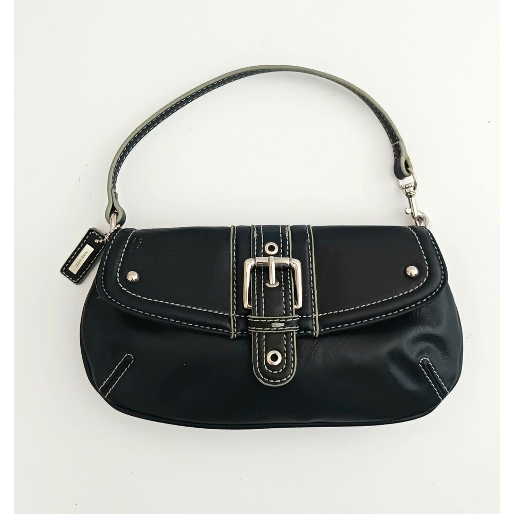 Nine West Buckle Flap Front Small Shoulder Bag Blk Vegan Leather Contrast Stitch